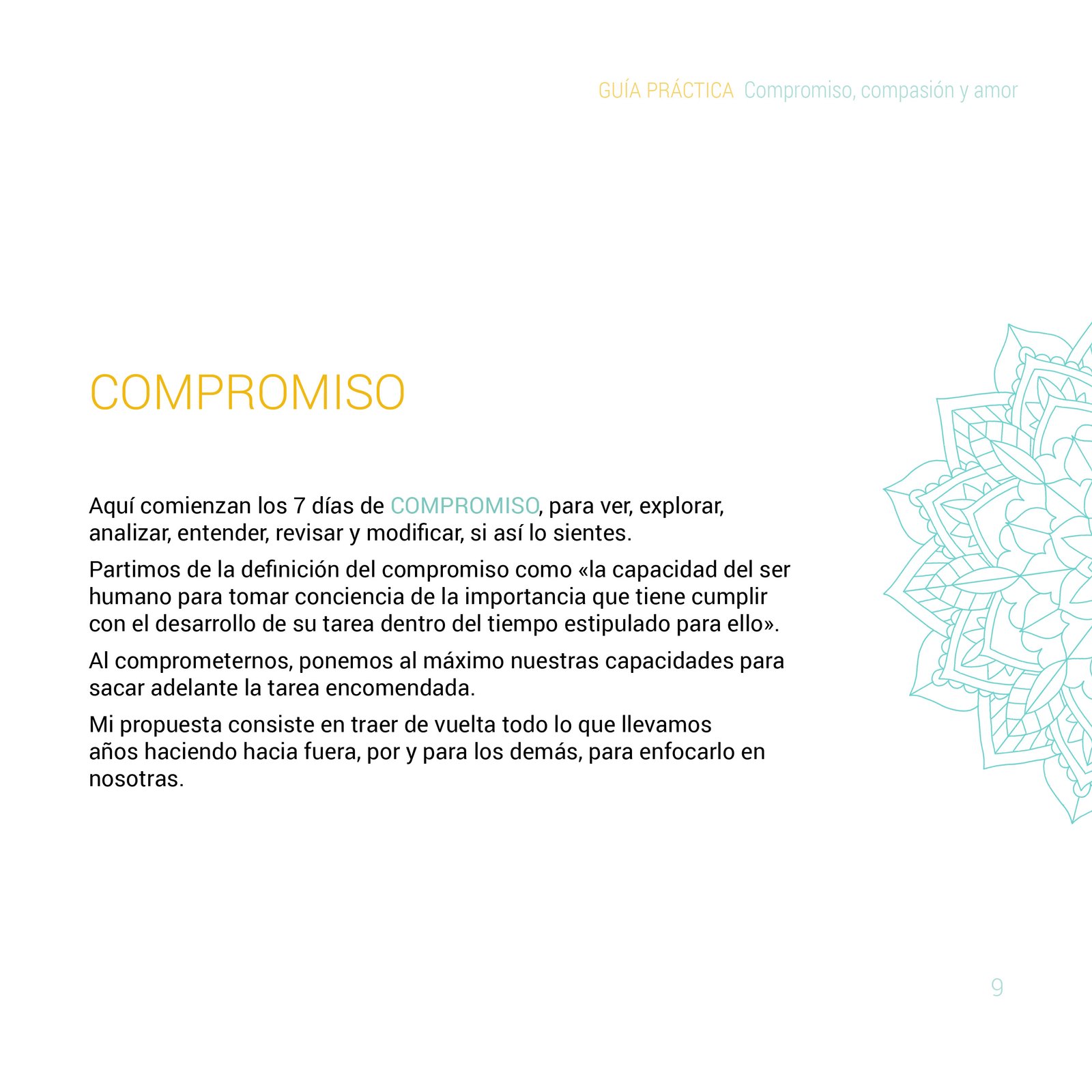 Pagina interior de la Guia Compromiso, compasion y amor diseñada por Alicia Rocha Novoa