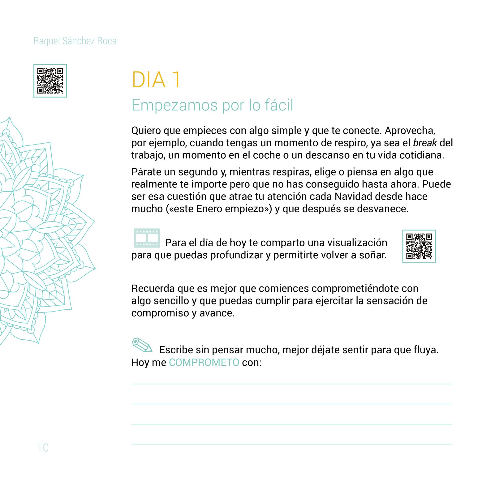 Pagina interior de la Guia Compromiso, compasion y amor diseñada por Alicia Rocha Novoa