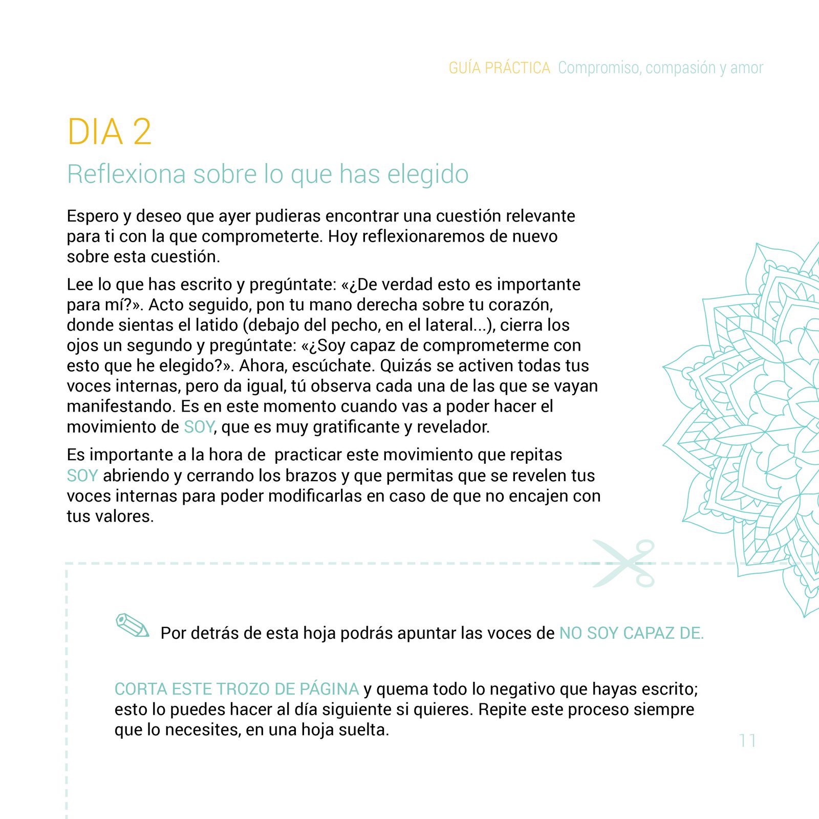 Pagina interior de la Guia Compromiso, compasion y amor diseñada por Alicia Rocha Novoa